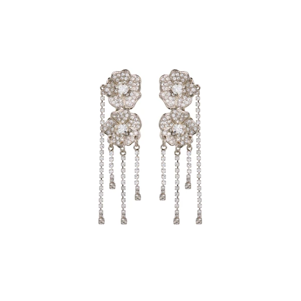 Alessandra Rich Flower Earrings with Crystal Fringes in Crystal and Silver