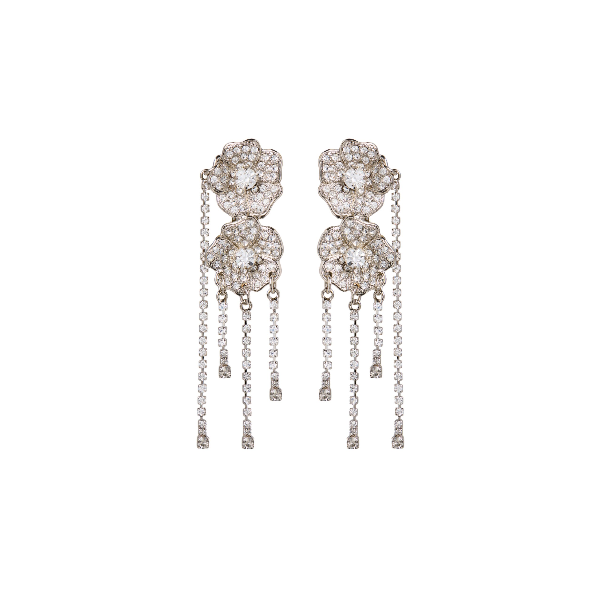 Alessandra Rich Flower Earrings with Crystal Fringes in Crystal and Silver Alessandra Rich Flower Earrings with Crystal Fringes in Crystal and Silver