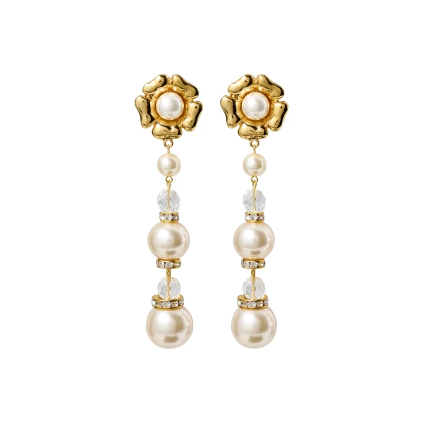 Alessandra Rich Flower Earrings with Pearl Pendant in Pearl and Gold