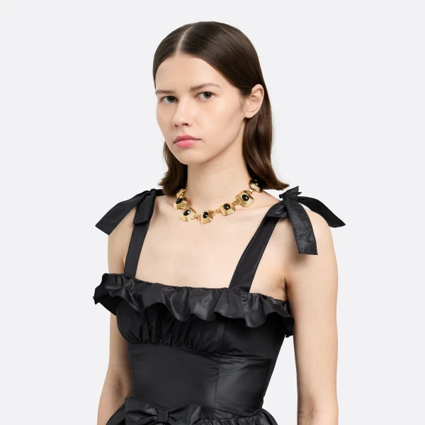 Alessandra Rich Metal Necklace with Black Crystals in Gold, view 3