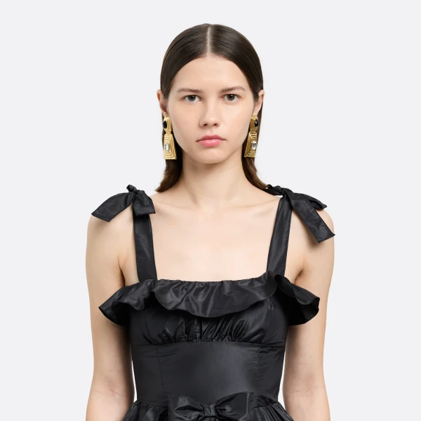 Alessandra Rich Metal and Crystal Earrings with Pendant in Black Crystal and Gold, view 2