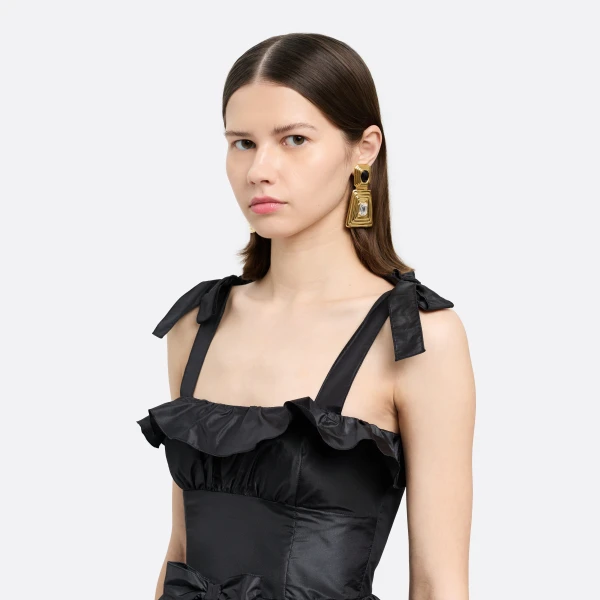 Alessandra Rich Metal and Crystal Earrings with Pendant in Black Crystal and Gold, view 3
