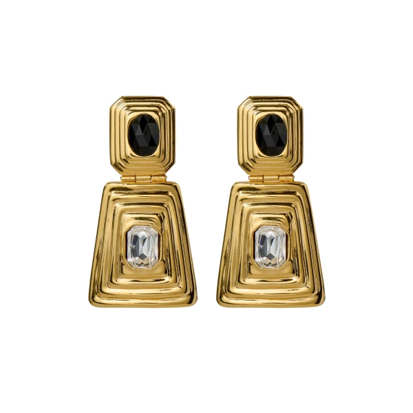 Alessandra Rich Metal and Crystal Earrings with Pendant in Black Crystal and Gold