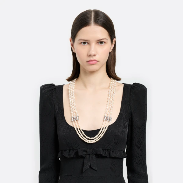 Alessandra Rich Multi-Strand Pearl Necklace in Pearl and Silver, view 2