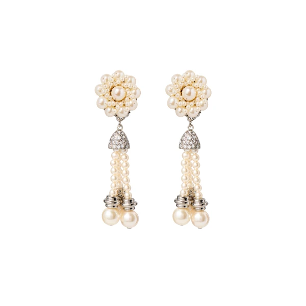 Pearl Earrings with Fringes in Pearl and Silver