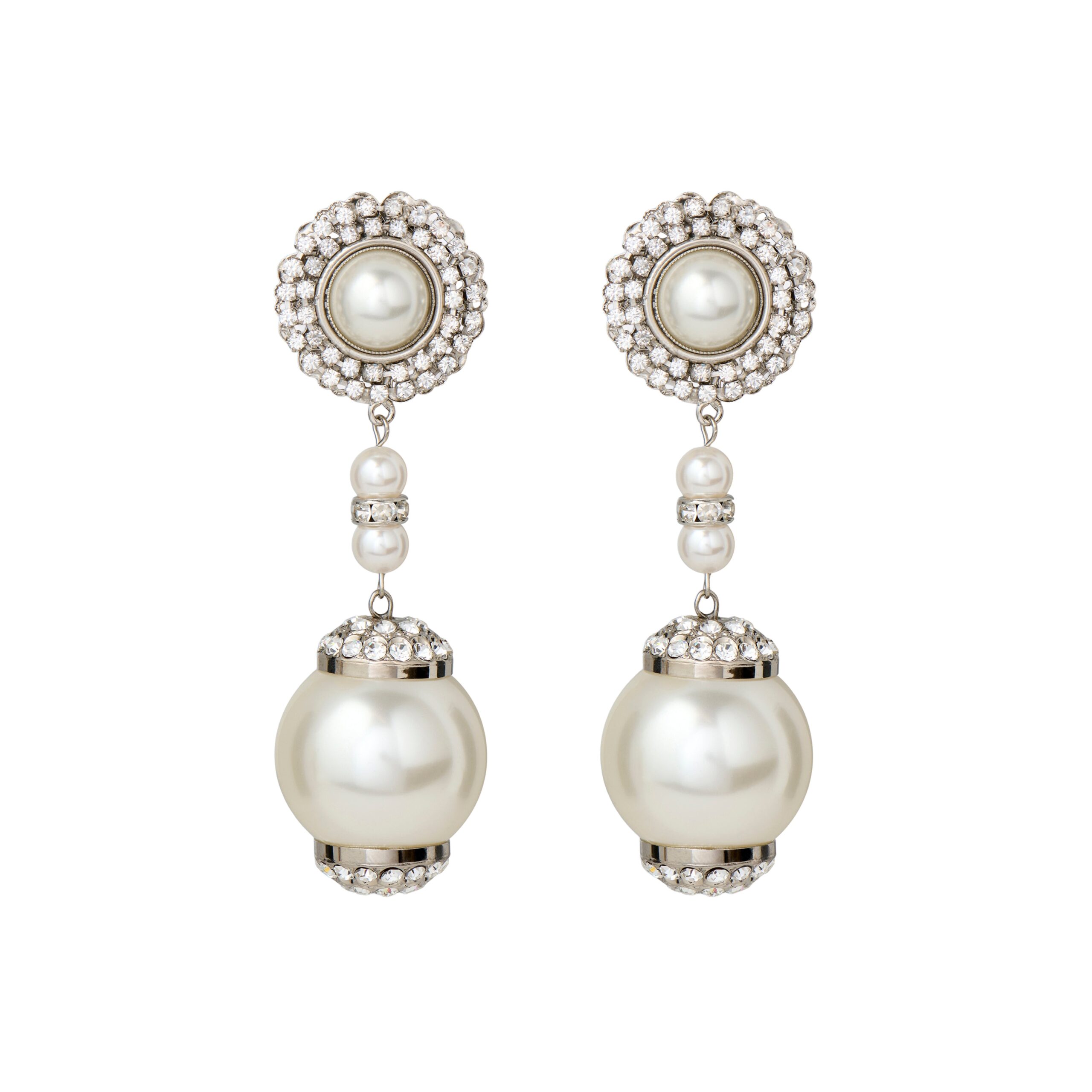 Alessandra Rich Pearl and Crystal Earrings with Pendant in Pearl and Silver Alessandra Rich Pearl and Crystal Earrings with Pendant in Pearl and Silver
