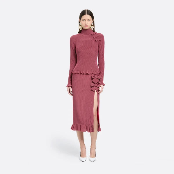 Alessandra Rich Polka-Dot Silk High Neck Midi Dress in Bordeaux and White, view 2