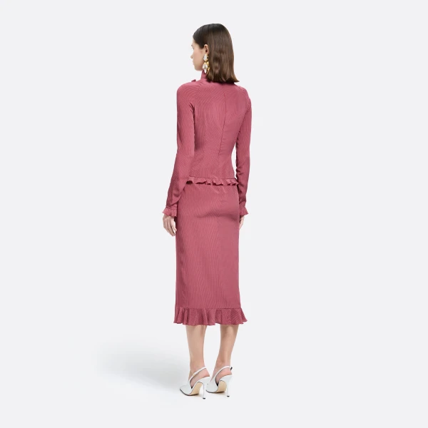 Alessandra Rich Polka-Dot Silk High Neck Midi Dress in Bordeaux and White, view 3