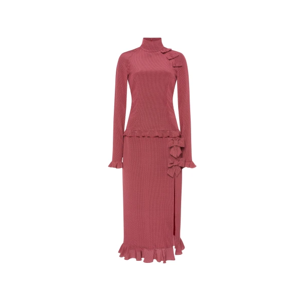 Polka-Dot Silk High Neck Midi Dress in Bordeaux and White
