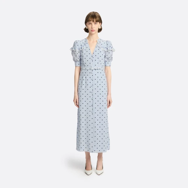 Alessandra Rich Polka-Dot Silk Midi Dress with V-Neckline in Light Blue and Blue, view 2