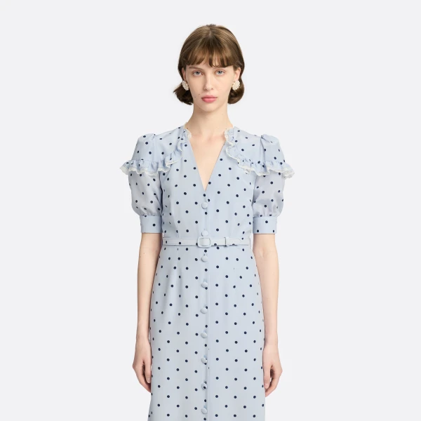 Alessandra Rich Polka-Dot Silk Midi Dress with V-Neckline in Light Blue and Blue, view 3