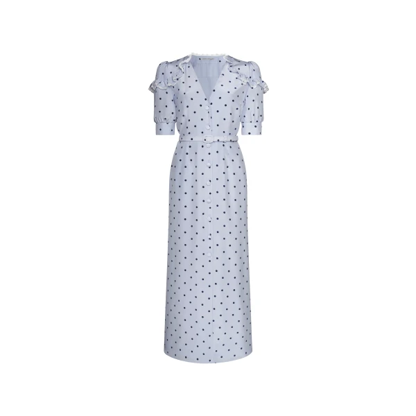 Polka-Dot Silk Midi Dress with V-Neckline in Light Blue and Blue