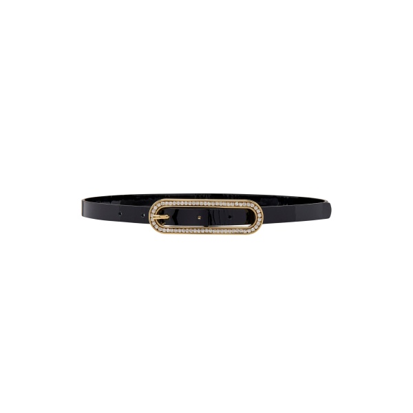 Slim Leather Belt with Crystal Buckle in Black
