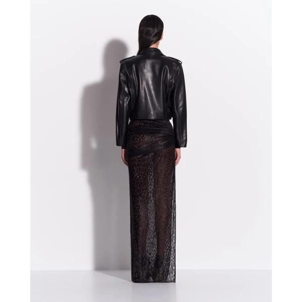 Alex Perry Asymmetric Drape Skirt in Leopard Lace, Black