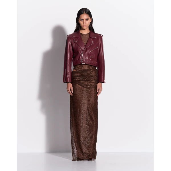 Alex Perry Asymmetric Drape Skirt in Leopard Lace, Brown