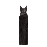 Alex Perry Bikini Asymmetric Drape Column in Leopard Lace, Black | Maxi Dresses | Coveti