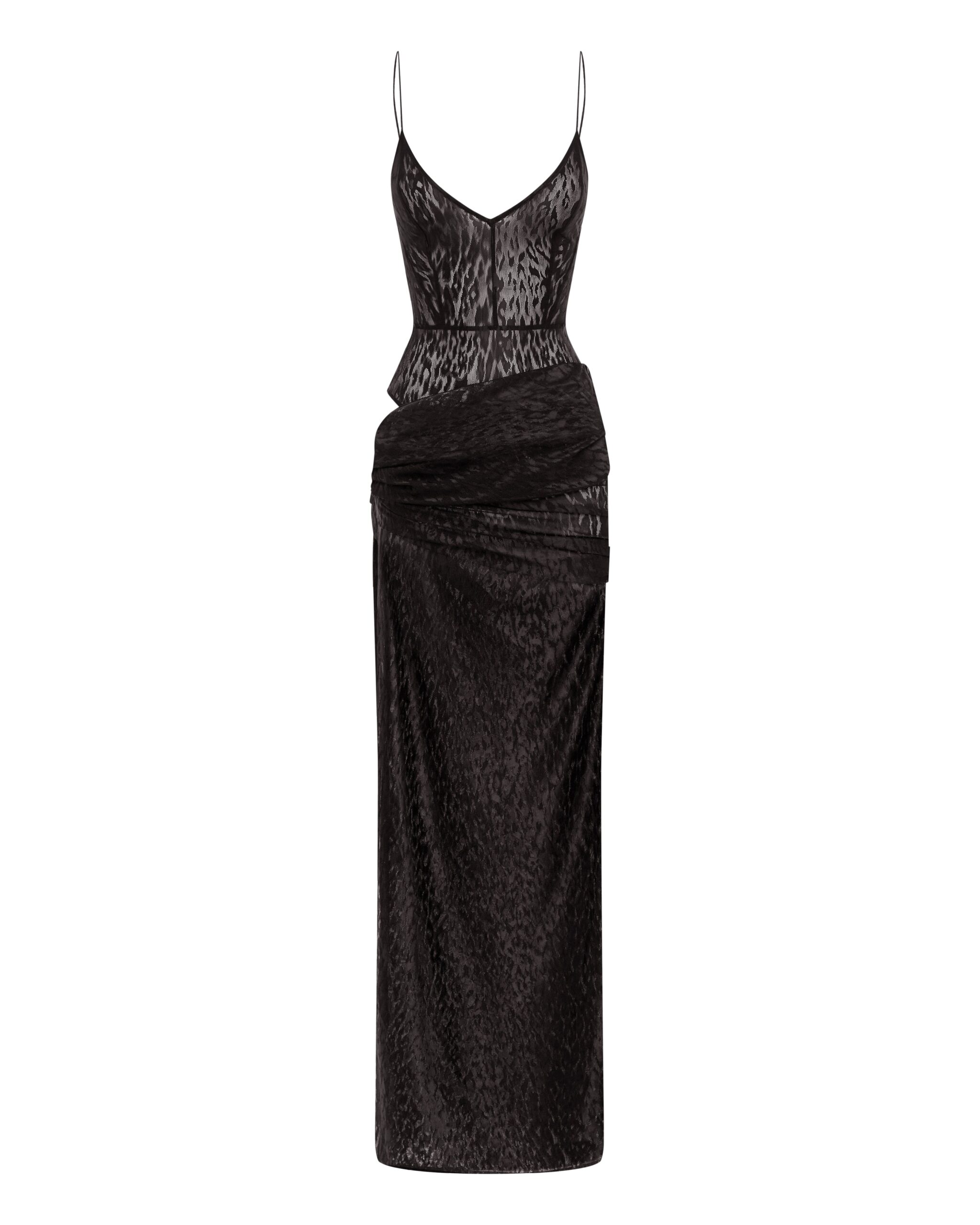 Alex Perry Bikini Asymmetric Drape Column in Leopard Lace, Black Alex Perry Bikini Asymmetric Drape Column in Leopard Lace, Black | Maxi Dresses | Coveti