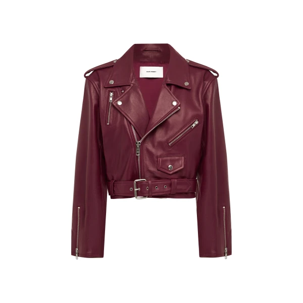 Alex Perry Cropped Biker Jacket in Leather, Cherry | Leather Jackets | Coveti