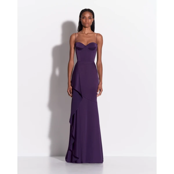 Alex Perry Cupped Asymmetric Tiered Drape Gown in Satin Crepe, Blackberry