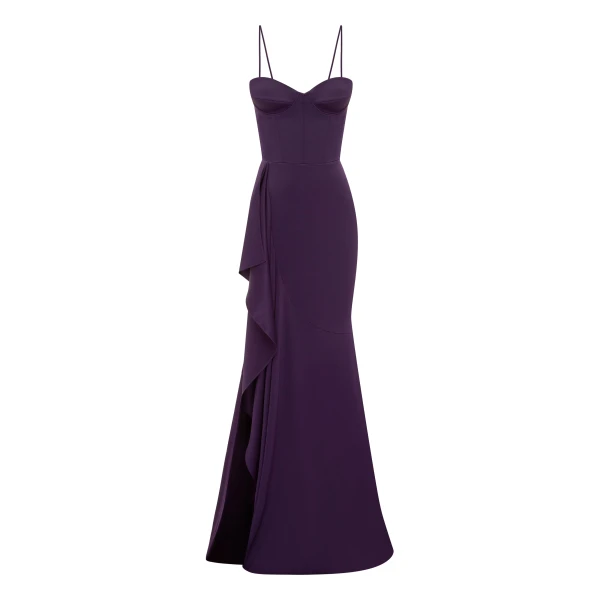 Cupped Asymmetric Tiered Drape Gown in Satin Crepe, Blackberry
