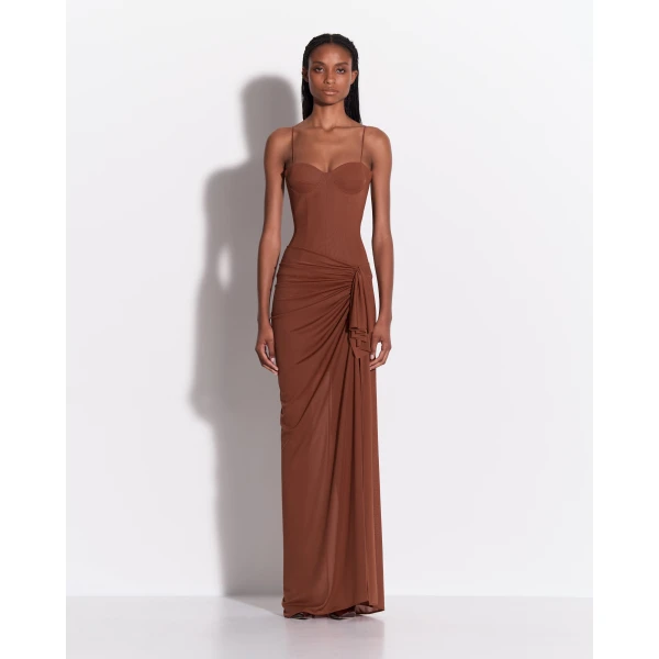 Alex Perry Cupped Drape Gown in Stretch Mesh, Toffee