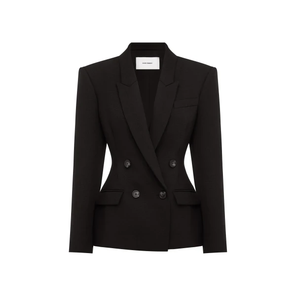 Alex Perry Double Breasted Fitted Blazer in Wool Suiting, Black | Blazers | Coveti