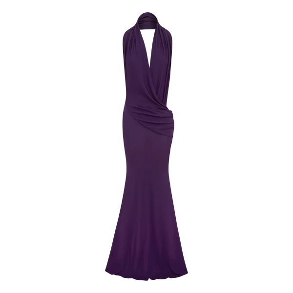 Alex Perry Halter Drape Gown in Dry Jersey, Violet | Evening Gowns | Coveti