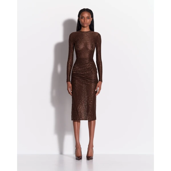 Alex Perry Long Sleeve Asymmetric Drape Dress in Leopard Lace, Brown