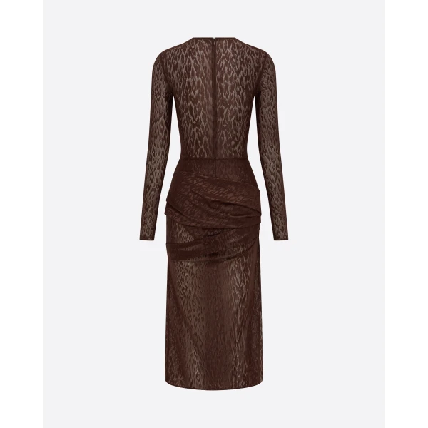 Alex Perry Long Sleeve Asymmetric Drape Dress in Leopard Lace, Brown