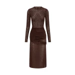 Alex Perry Long Sleeve Asymmetric Drape Dress in Leopard Lace, Brown | Midi Dresses | Coveti