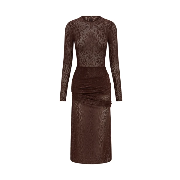 Long Sleeve Asymmetric Drape Dress in Leopard Lace, Brown
