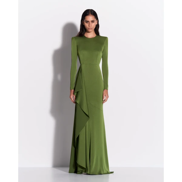 Alex Perry Long Sleeve Asymmetric Tiered Drape Gown in Satin Crepe, Fern