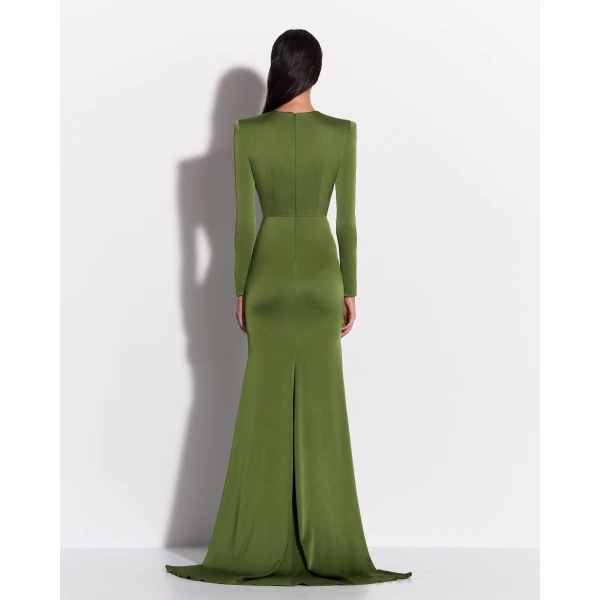 Alex Perry Long Sleeve Asymmetric Tiered Drape Gown in Satin Crepe, Fern