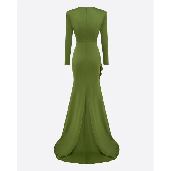 Alex Perry Long Sleeve Asymmetric Tiered Drape Gown in Satin Crepe, Fern