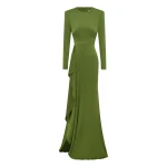 Alex Perry Long Sleeve Asymmetric Tiered Drape Gown in Satin Crepe, Fern | Evening Gowns | Coveti