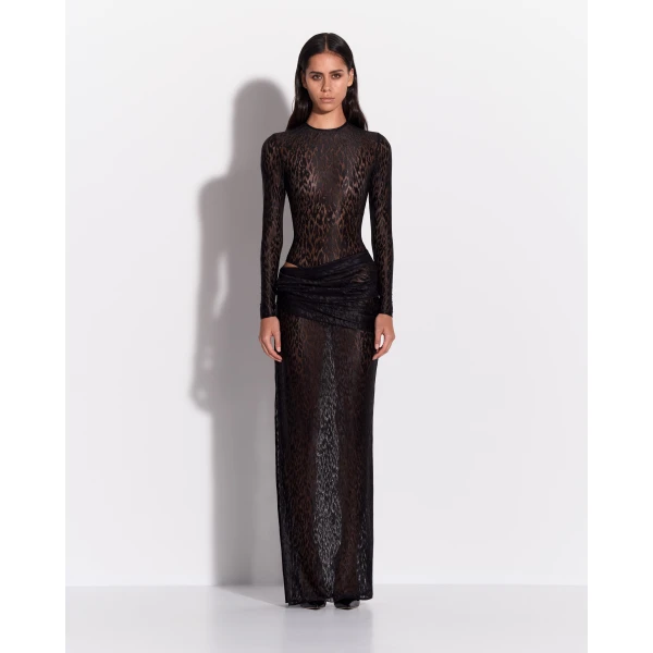 Alex Perry Long Sleeve Bodysuit in Leopard Lace, Black