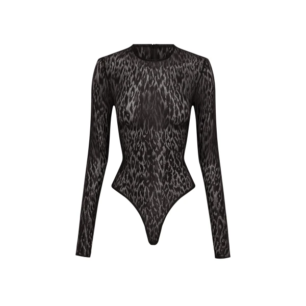 Long Sleeve Bodysuit in Leopard Lace, Black