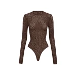 Alex Perry Long Sleeve Bodysuit in Leopard Lace, Brown | Bodysuit | Coveti
