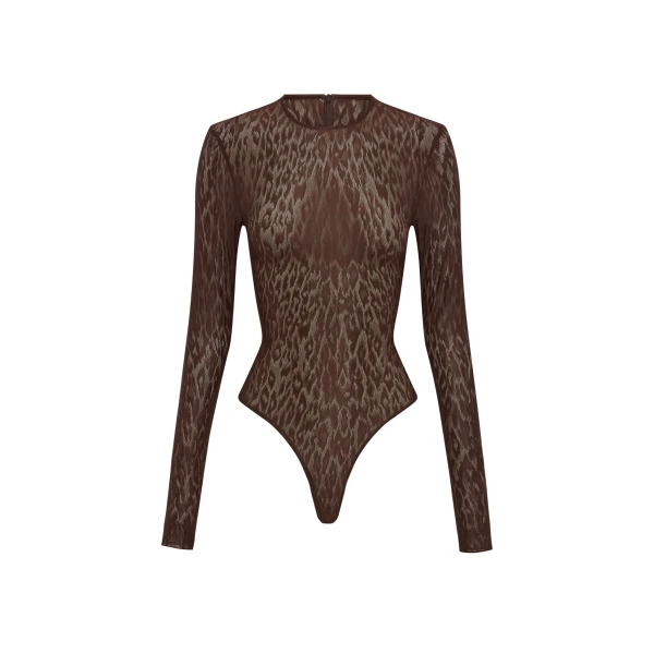 Long Sleeve Bodysuit in Leopard Lace, Brown
