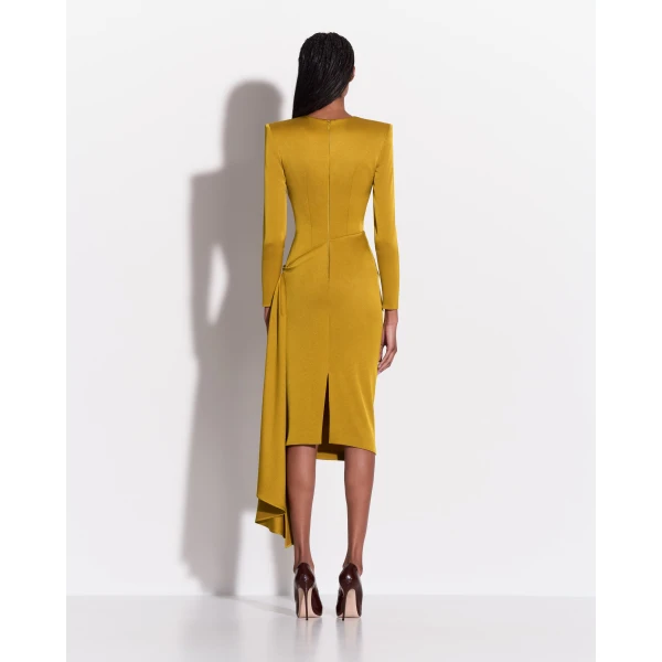 Alex Perry Long Sleeve Drape Dress in Satin Crepe, Gold