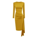Alex Perry Long Sleeve Drape Dress in Satin Crepe, Gold | Midi Dresses | Coveti
