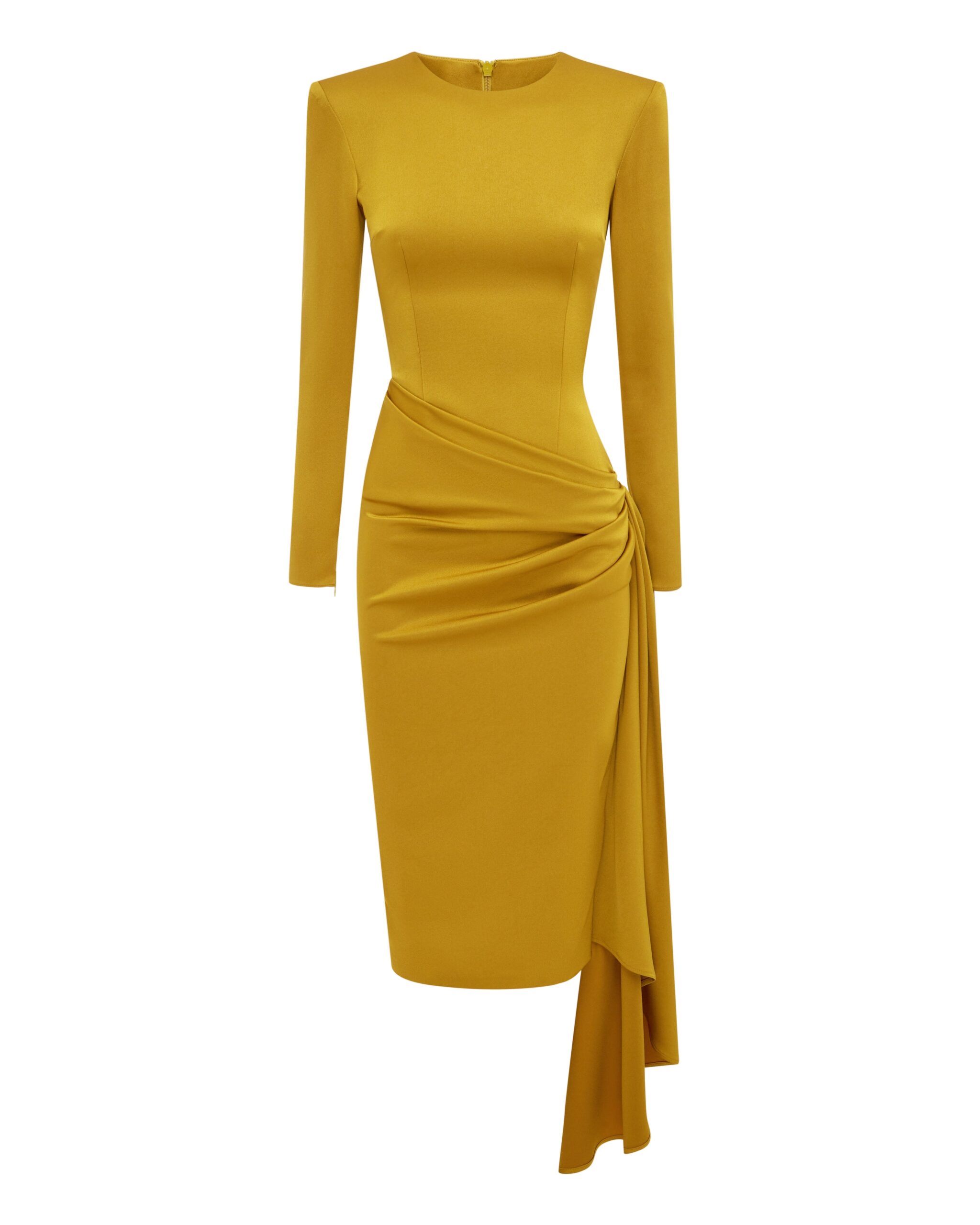 Alex Perry Long Sleeve Drape Dress in Satin Crepe, Gold Alex Perry Long Sleeve Drape Dress in Satin Crepe, Gold | Midi Dresses | Coveti