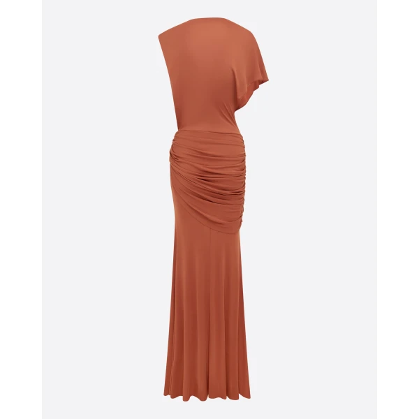 Alex Perry One Shoulder Cape Sleeve Twist Gown in Dry Jersey, Clay