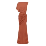 Alex Perry One Shoulder Cape Sleeve Twist Gown in Dry Jersey, Clay | Evening Gowns | Coveti