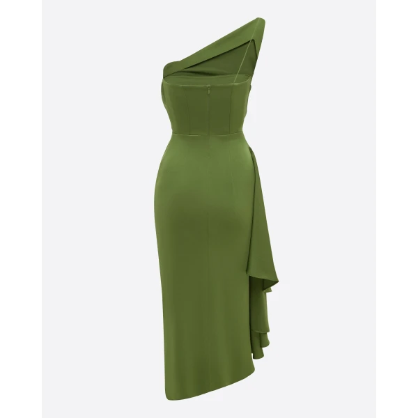 Alex Perry One Shoulder Drape Dress in Satin Crepe, Fern