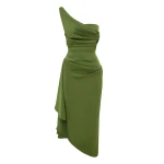Alex Perry One Shoulder Drape Dress in Satin Crepe, Fern | Midi Dresses | Coveti
