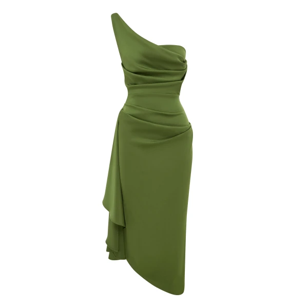 One Shoulder Drape Dress in Satin Crepe, Fern