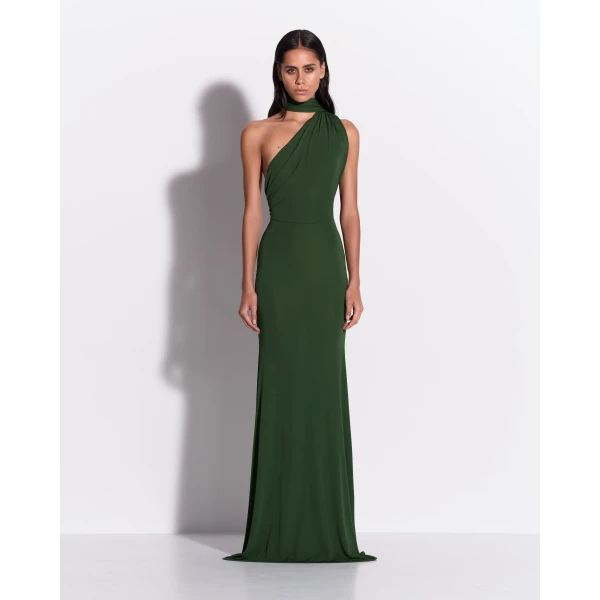 Alex Perry One Shoulder Scarf Gown in Dry Jersey, Forest Green