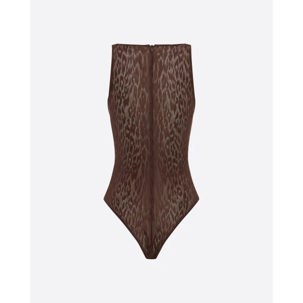 Alex Perry Scoop Singlet Bodysuit in Leopard Lace, Brown