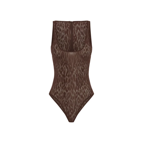 Scoop Singlet Bodysuit in Leopard Lace, Brown
